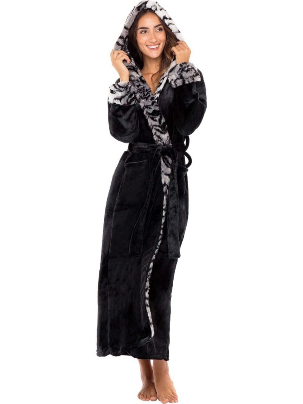 Cozy Women's Hooded Faux Fur Fleece Bathrobe with Pockets - Long & Warm